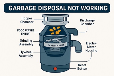 Cutaway illustration of a modern 1 HP garbage disposal unit
